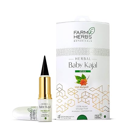 Farmherbs 100% Herbal All Natural Baby Kajal Stick - Certified Lead-free, Irritation-free, Premium Olive Wax with Pure Organic Marigold, Smudgeproof, Preservative-free, Synthetic Chemical-free, from Renowned Eyecare Institute, 100% Safe Kajal for New